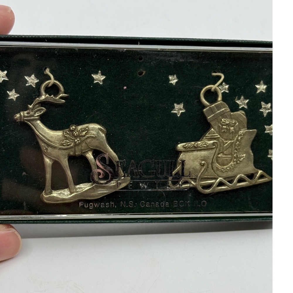 Seagull Pewter 1991 Christmas Reindeer Sleigh Ornament Set 2pc Canada Vintage